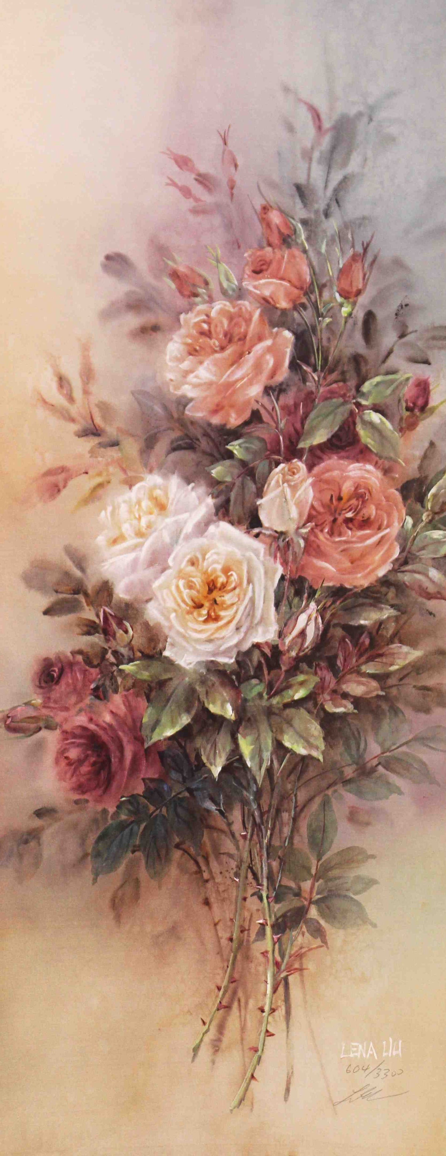 Lena Liu print White and Burgundy Roses – fine art floral painting by Lena Liu featuring white and burgundy roses.