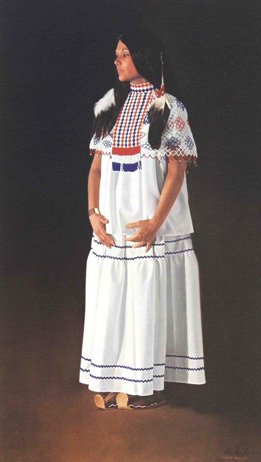 Young Apache woman in a white ceremonial Dress.