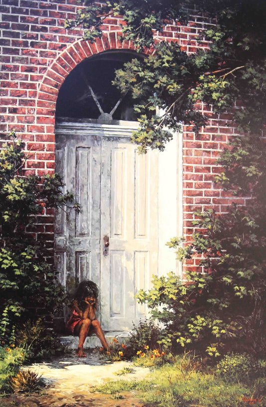 Dalhart Windberg print "A Delightful Retreat" showing a child sitting in a quiet, sunlit doorway surrounded by natural foliage and stone walls.