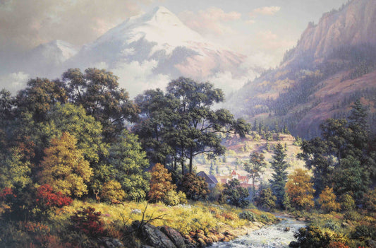 Dalhart Windberg print "A Glimpse of Upland Grandeur" depicting a majestic mountain landscape with trees and rolling hills under a soft, luminous sky.