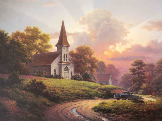 Dalhart Windberg print "A Glorious New Beginning" showing a rural church at sunrise, surrounded by trees and bathed in warm morning light.