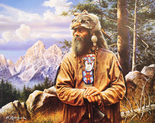 A Moment of Reflection by Alfredo Rodriguez, featuring a thoughtful mountain man in traditional frontier clothing set in a peaceful wilderness setting.