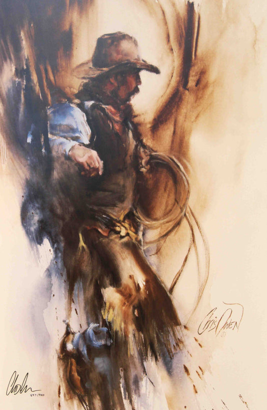 Chris Owen western art print At The Branding featuring a cowboy working cattle for cowboy art and western wall décor.