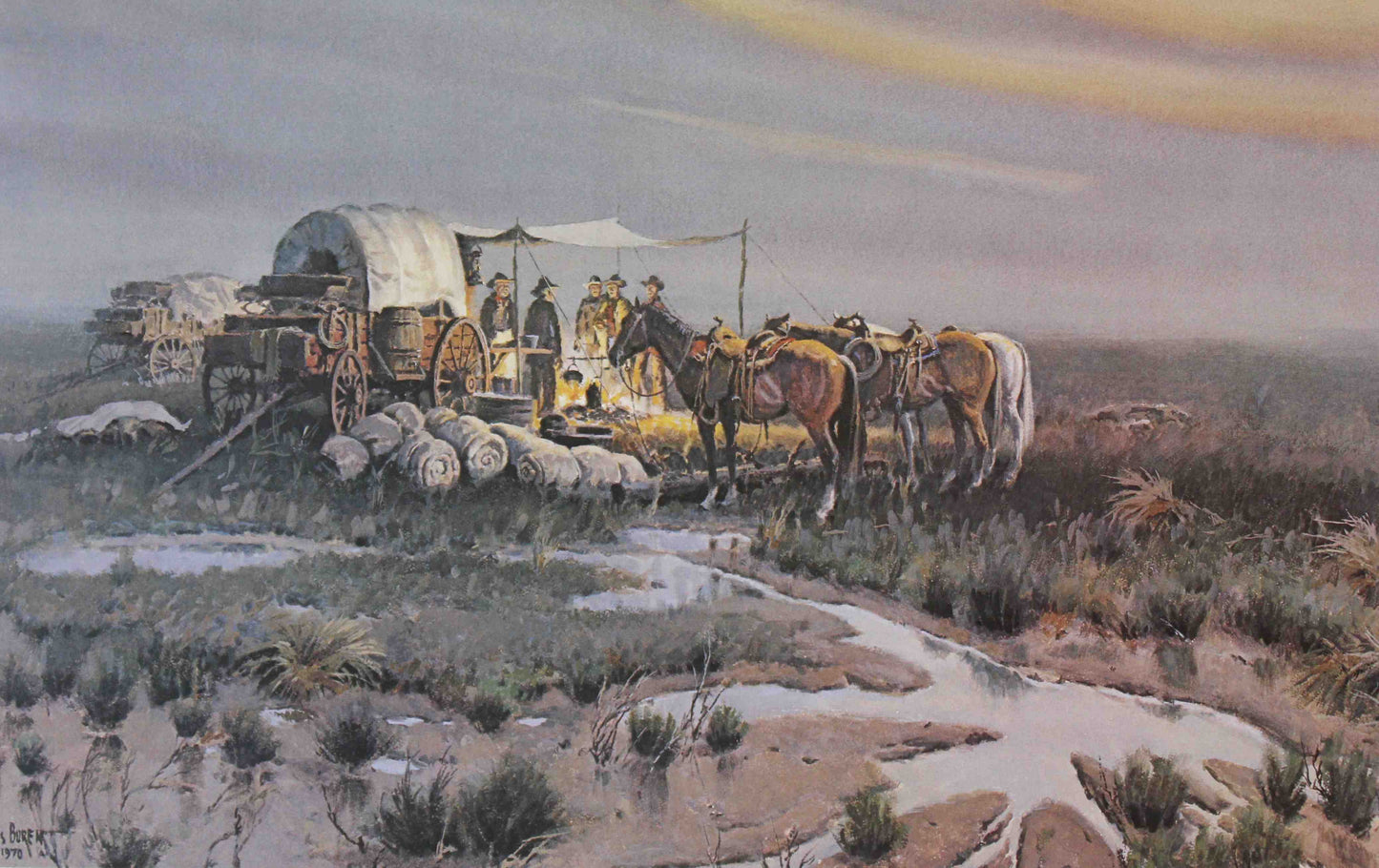 James Boren art print “After a Rainy Night” showing a cowboy riding through a wet, open landscape after a storm under clearing skies.