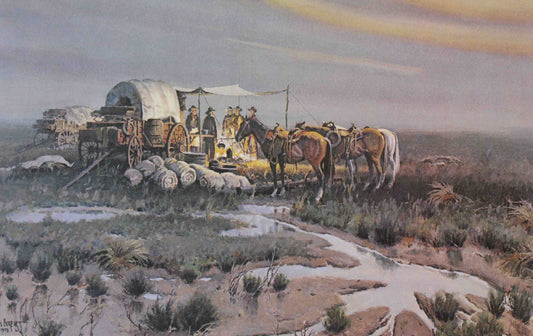 James Boren art print “After a Rainy Night” showing a cowboy riding through a wet, open landscape after a storm under clearing skies.