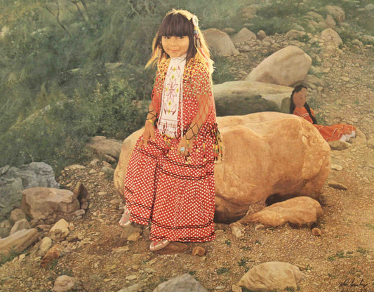 Donald Crowley print "Afterglow" featuring a young Native American girl in warm sunset light.