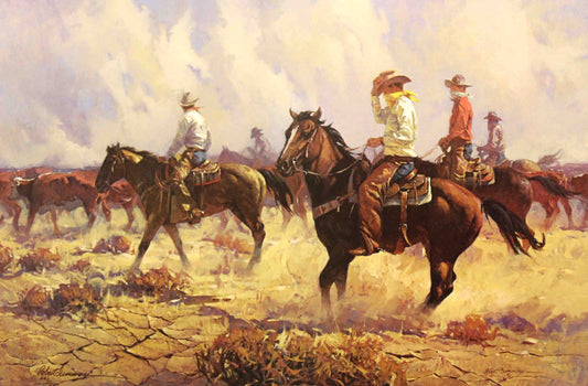 Robert Summers print "Afterglow – Against the Wind" showing a cowboy riding against a windblown Western landscape.
