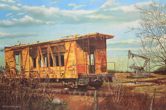 John Pototschnik print “Alone But Not Forgotten” showing an abandoned rail caboose in a field with a working pumpjack in the distant background.