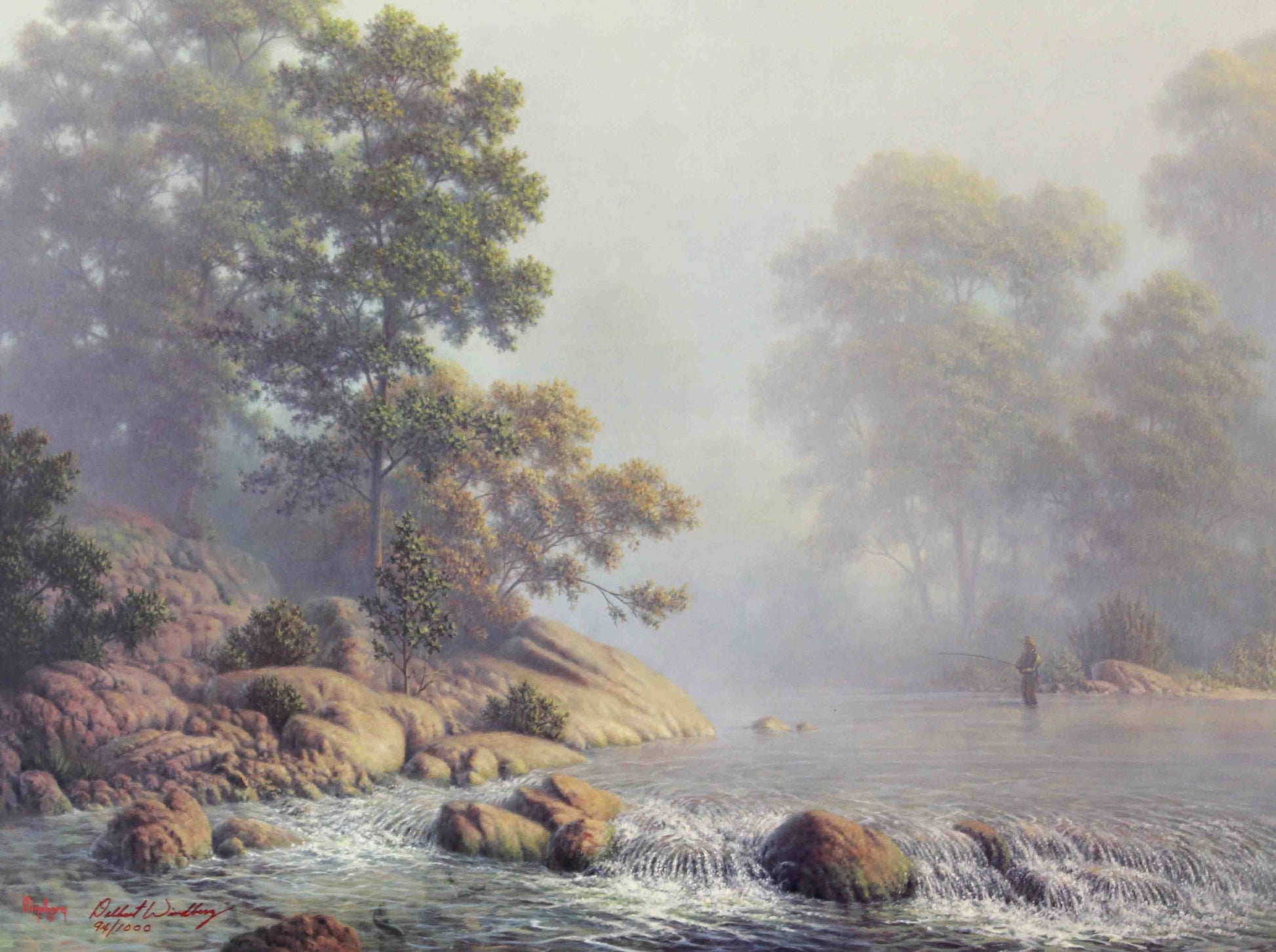 Dalhart Windberg print titled "Amid Tranquility in the Morning" featuring a peaceful rural landscape bathed in soft morning light.