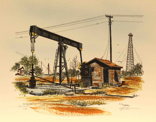 Al Richardson print titled "An Old Timer" featuring a weathered oilfield pumpjack in a rural Texas setting, symbolizing the enduring legacy of the oil industry.