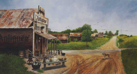 Wellington Ward Jr. print Antiques – fine art print of a rural antiques shop in an Americana setting.