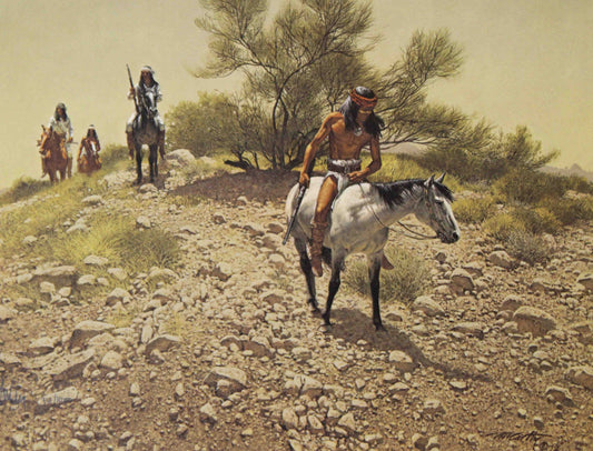 “Apache Trackers” by Frank McCarthy – Apache scouts on horseback riding through a rocky canyon landscape.
