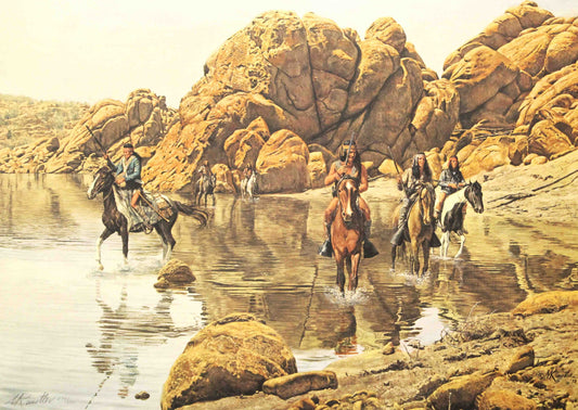 Mort Künstler print "Apache Raiding Party" depicting armed Apache warriors on horseback in a Western landscape.