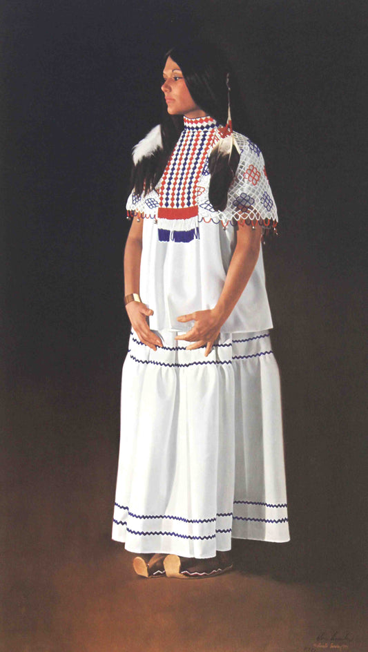 Donald Crowley western art print “Apache in White” depicting a young Native American girl in white ceremonial dress, perfect for western wall art.