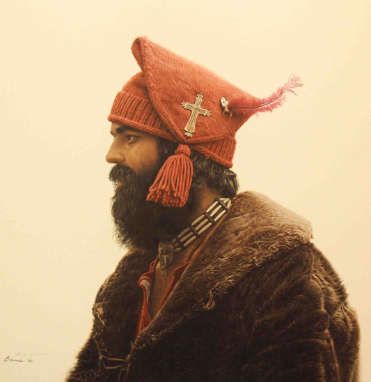 James Bama print "At Mountain Man Wedding" showing a mounain man dressed in his wedding finery