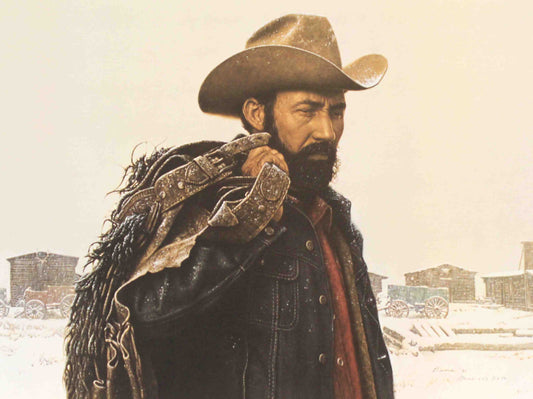 James Bama print "At the Burial of Gallagher and Blind Bill" showing a lone man in a deeply reflective state.