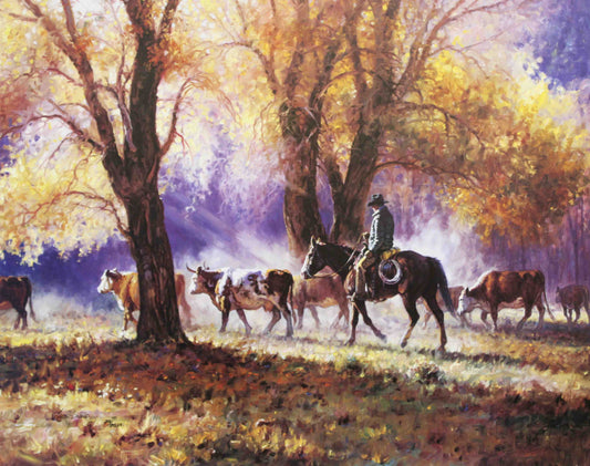 Autumn’s Gather by Martin Grelle, showing a cowboy on horseback gathering cattle in a fall landscape filled with autumn foliage.