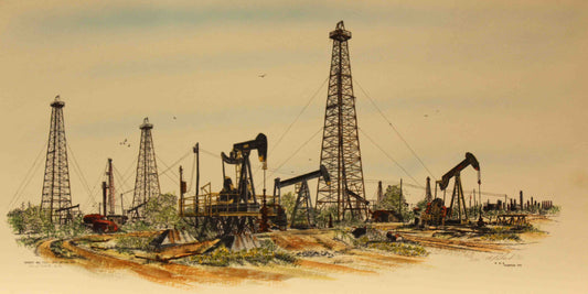 Al Richardson print Barbers Hill Field depicting an active Texas oilfield with pumpjacks and drilling equipment in a wide, open landscape.