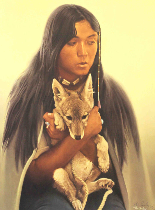 Donald Crowley print "Beauty and the Beast" depicting a Native American woman cradling a wolf cub in a moment of calm connection.