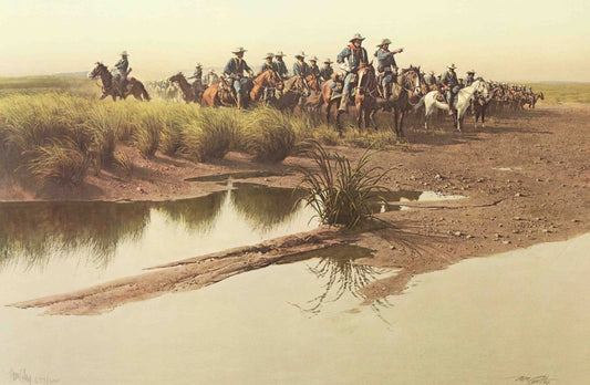 Frank McCarthy print "Before the Charge" depicting cavalry preparing to launch into battle in a dramatic Western landscape.
