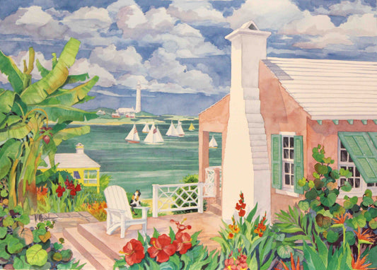 Paul Brent art print "Bermuda Cove" featuring a serene tropical shoreline with clear blue water, island foliage, and coastal buildings in the background.