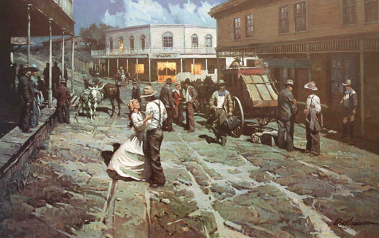 Better Late Than Never by Robert Summers, depicting a stagecoach arriving at its destination with a cloud of dust and awaiting figures in a Western frontier setting.