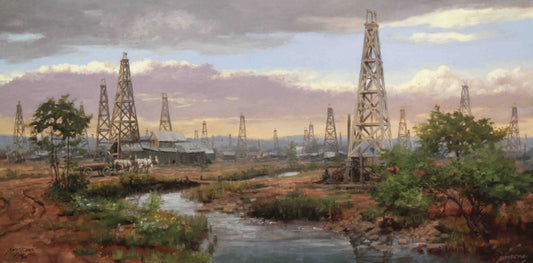 Andy Thomas print Black Gold featuring multiple drilling rigs set against a dramatic open sky in the oilfield.
