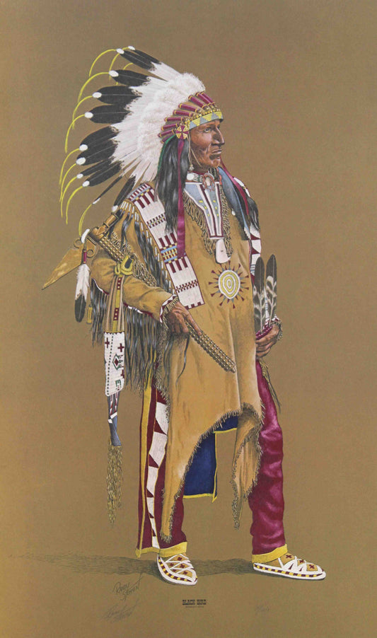 Randy Steffen western art print “Blackbird” depicting a Native American war chief in traditional regalia, perfect for western wall art.