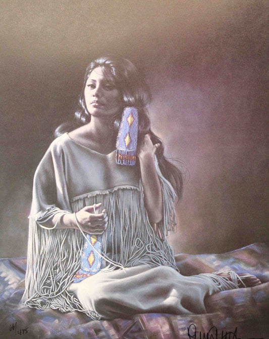 Penni Anne Cross print of a young Native American girl with blue beaded hair ties, wearing traditional clothing and sitting in peaceful reflection.