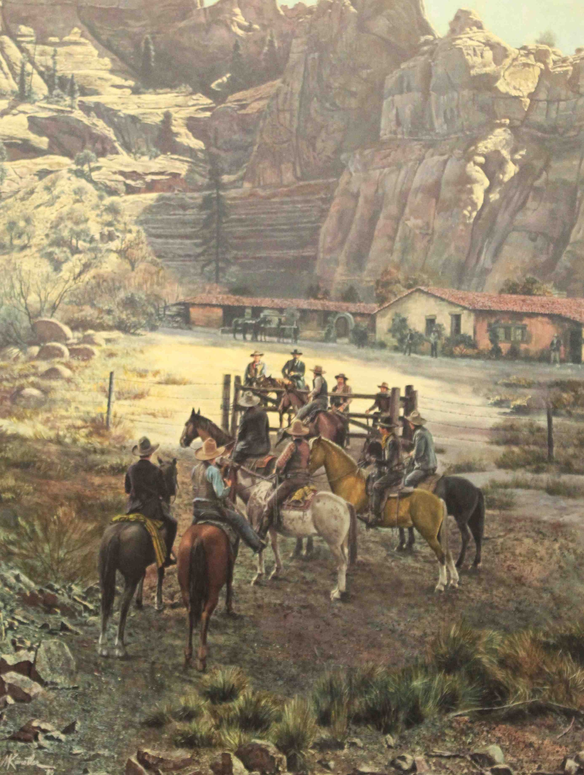 Mort Künstler print of two cowboys meeting at a fence line in the Western frontier, symbolizing territorial boundaries and mutual respect.