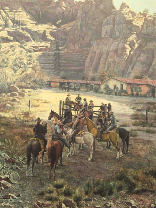 Mort Künstler print of two cowboys meeting at a fence line in the Western frontier, symbolizing territorial boundaries and mutual respect.