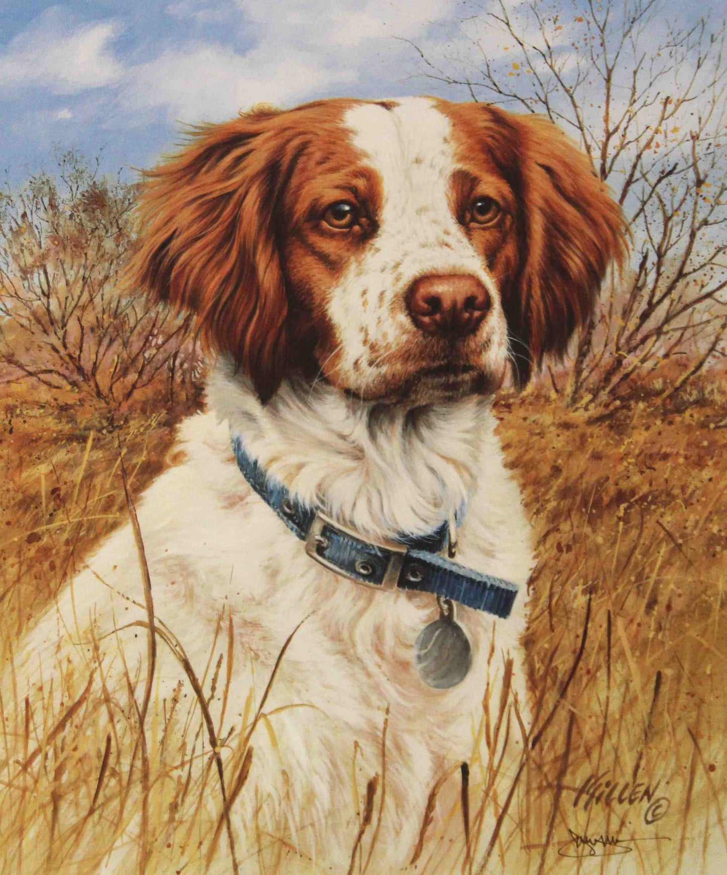 Fine art print by Jim Killen featuring a Brittany Spaniel sporting dog standing beside hunting boots; artwork titled "That's My Dog — Brittany Spaniel."