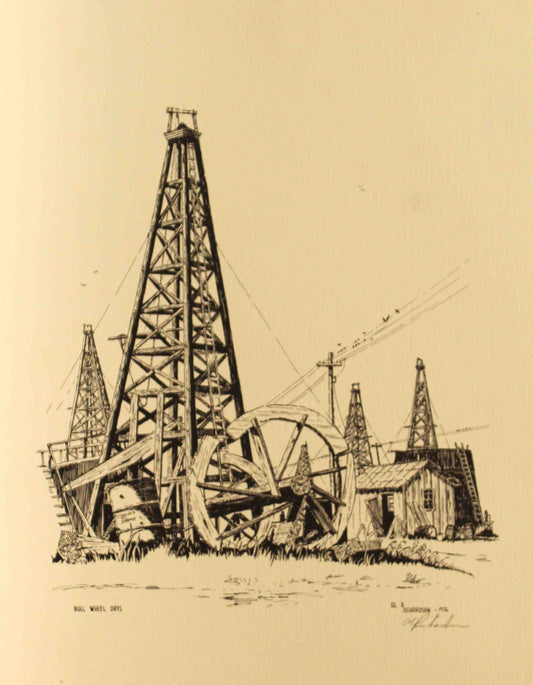 Al Richardson print titled "Bull Wheel Days" featuring an early wooden cable-tool drilling rig with a bull wheel, capturing the historic roots of the oil industry in a rustic landscape.