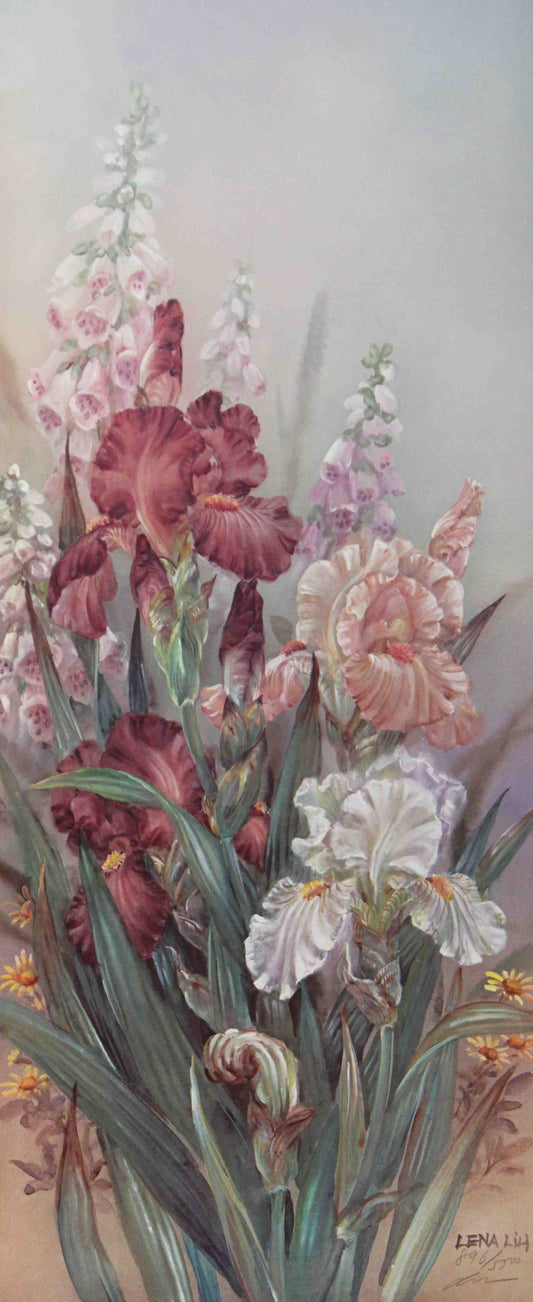 Lena Liu print Burgundy Irises with Foxglove – fine art floral painting by Lena Liu featuring burgundy irises and foxglove flowers.