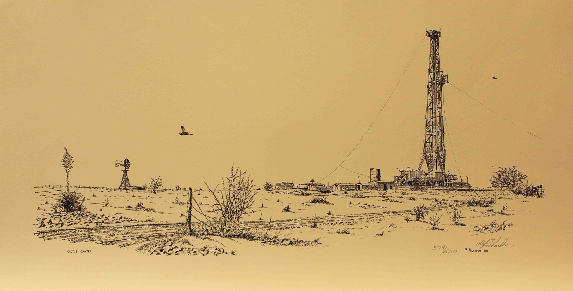 Al Richardson print Cactus Country depicting a drilling rig in arid West Texas desert with cactus and rugged terrain.