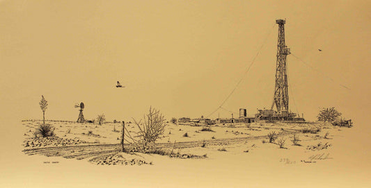 Al Richardson print Cactus Country depicting a drilling rig in arid West Texas desert with cactus and rugged terrain.