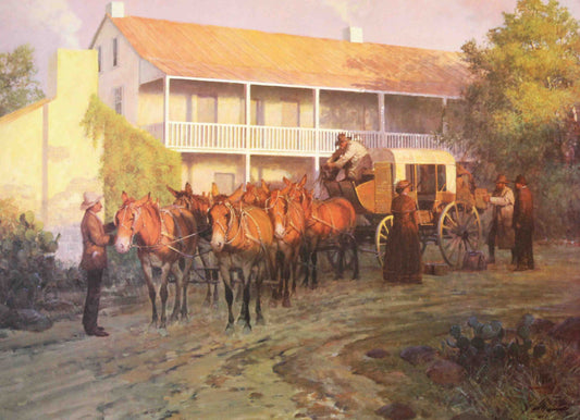 Larry Pummill print "Castroville Morning" showing a quiet Texas town street at dawn with historic limestone homes and soft morning light.