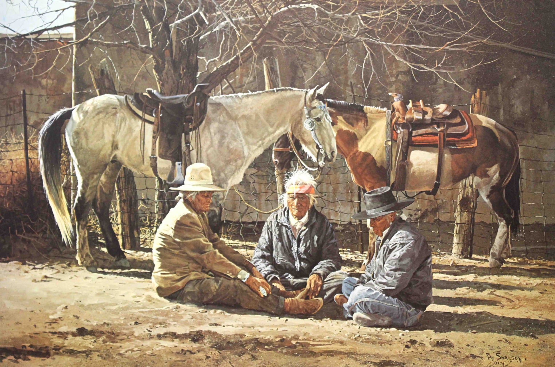 Ray Swanson print of Navajo men conversing outside a hogan in the Southwestern landscape, depicting traditional dress and daily life.