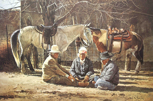 Ray Swanson print of Navajo men conversing outside a hogan in the Southwestern landscape, depicting traditional dress and daily life.
