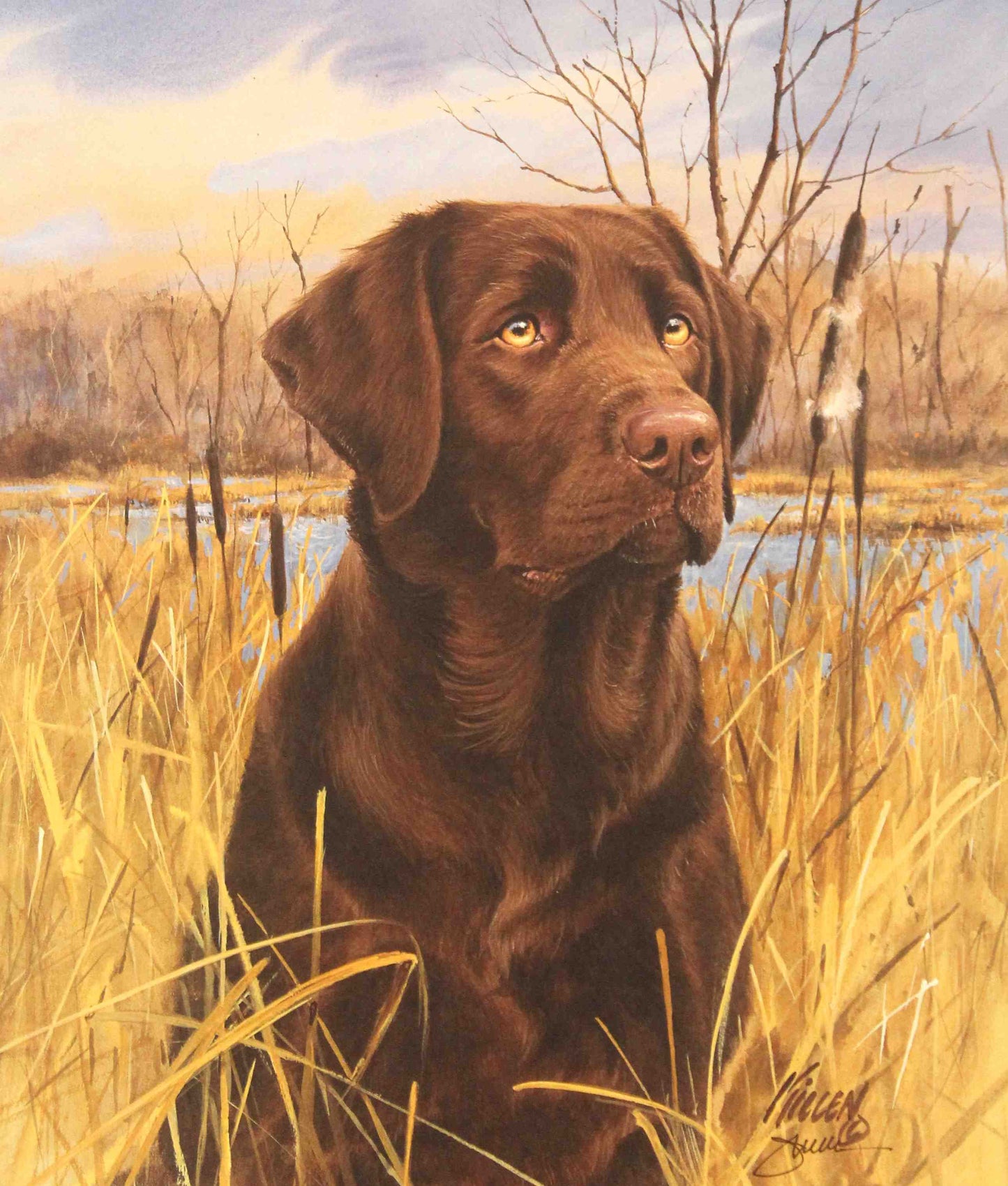 Fine art print by Jim Killen featuring a Chocolate Labrador retriever sitting beside hunting boots; sporting dog artwork titled "That's My Dog — Chocolate Lab."