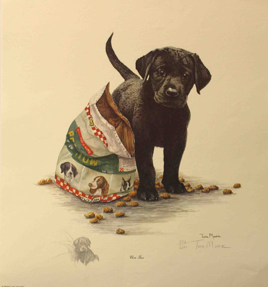 Tara Moore print "Chow Time" showing a Labrador puppy beside a spilled bag of dog food, capturing a playful and endearing scene.