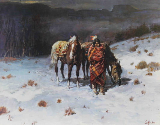 Lajos Markos western art print “Cold Time for Waiting” featuring a Native American warrior standing in the snow, ideal for western wall art.
