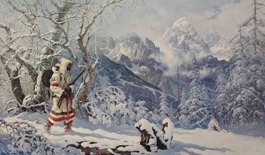 Robert Summers print "Coulter's Quest" depicting mountain man John Colter navigating a dense and rugged wilderness, symbolizing bravery and survival on the frontier.