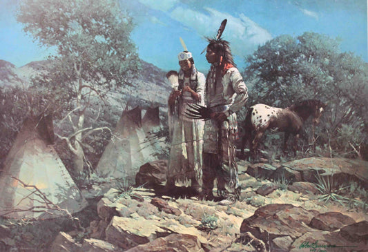 Robert Summers print "Comanche Moon" depicting a Native American couple standing together under a moonlit sky on the open plains.