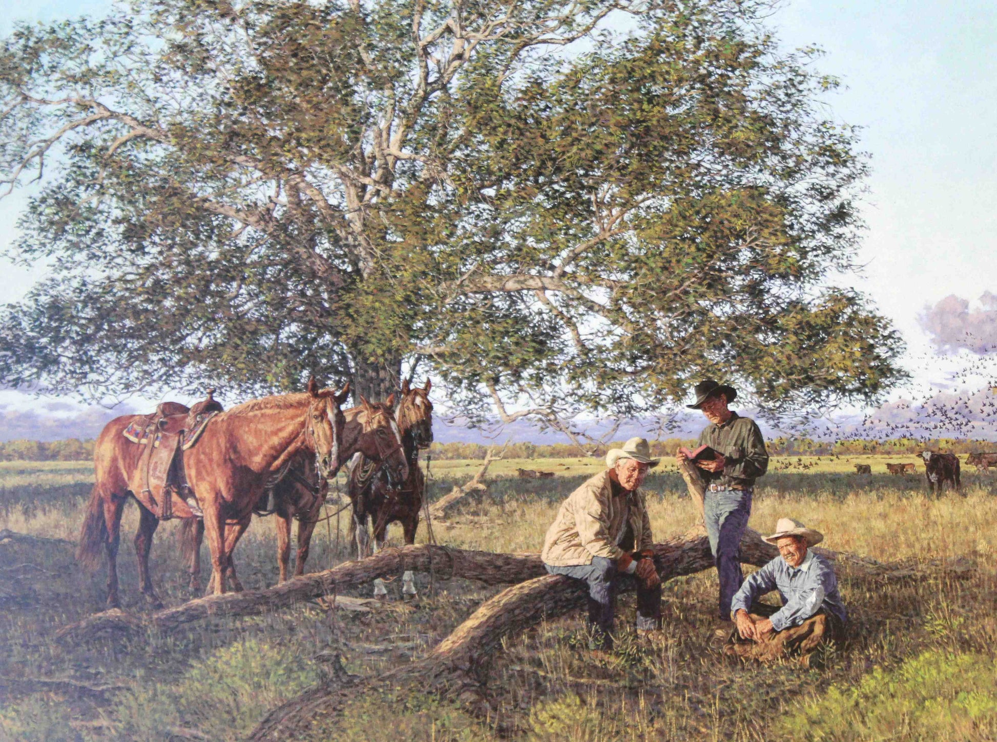 Bradley Schmehl western art print Cowboy Church showing cowboys resting under a tree for cowboy art and western wall décor.