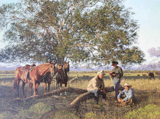 Bradley Schmehl western art print Cowboy Church showing cowboys resting under a tree for cowboy art and western wall décor.