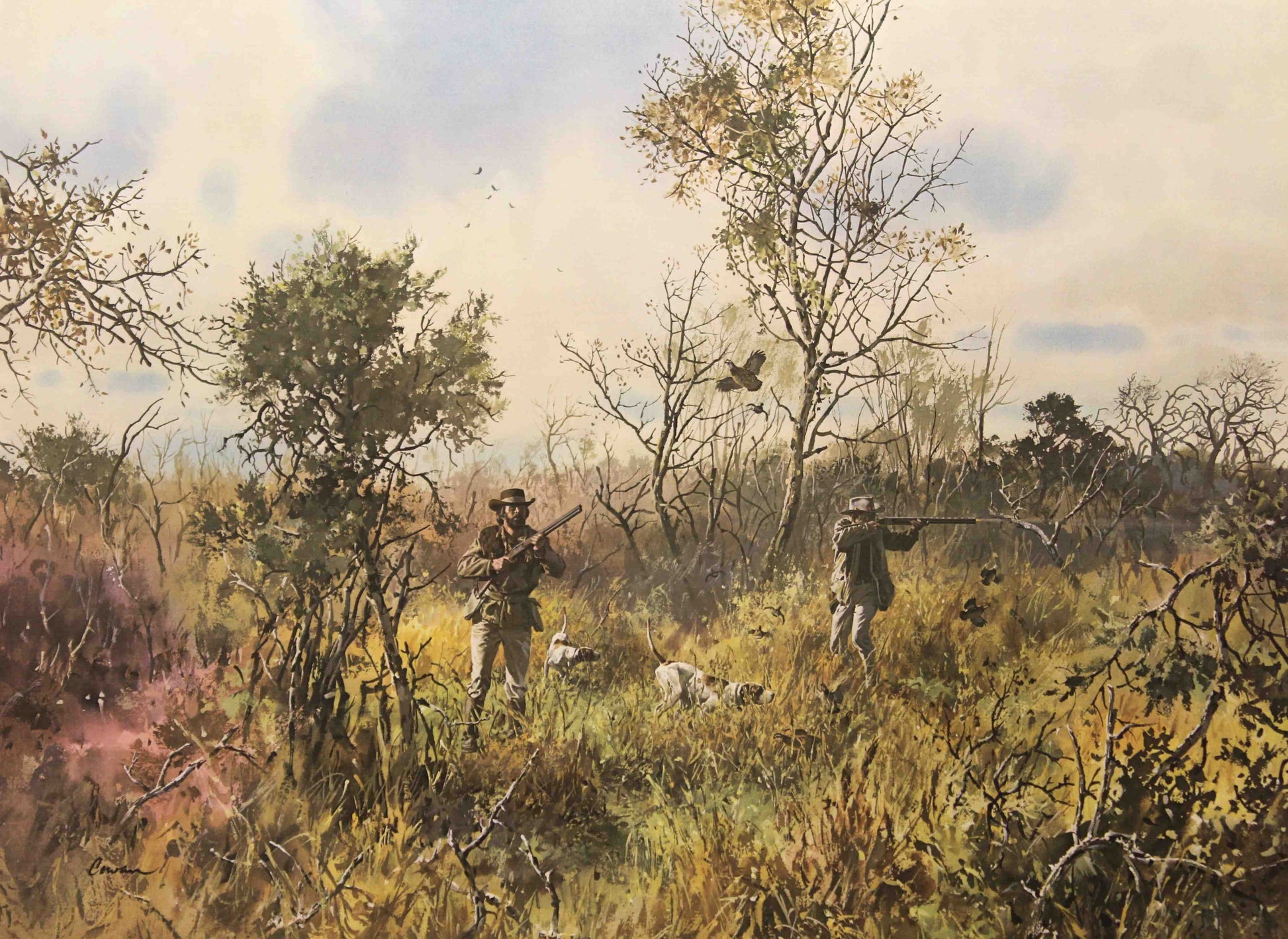 John Cowan print "Creek Bottom" depicting hunters and bird dogs navigating a wooded creek bed during a quail hunt in Texas.