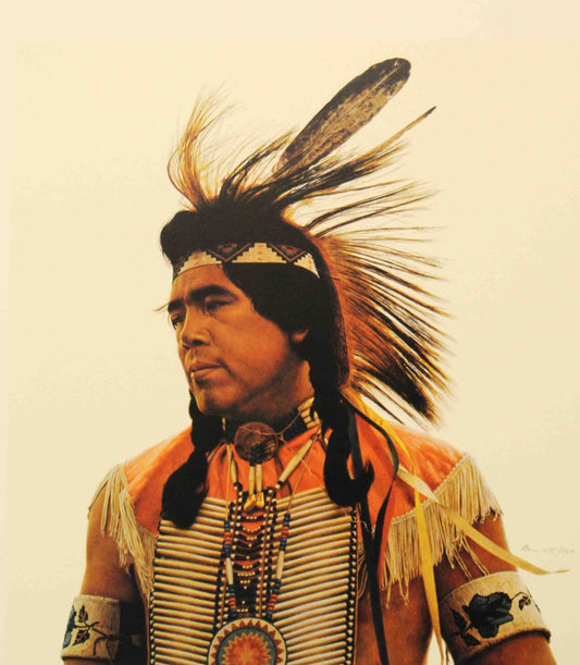 James Bama print of a Crow Indian dancer in full traditional regalia, portrayed with realistic detail and cultural authenticity.