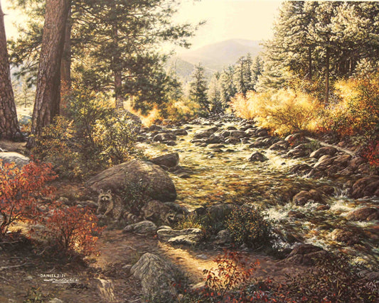 Larry Dyke print “Daniel 2:21” featuring a majestic mountain landscape with flowing rivers and glowing skies, symbolizing divine control over nature and time.