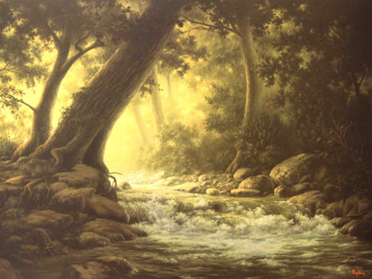Dalhart Windberg print “Dawn’s Serenity” featuring a tranquil rural landscape softly lit by the warm, gentle light of early morning.
